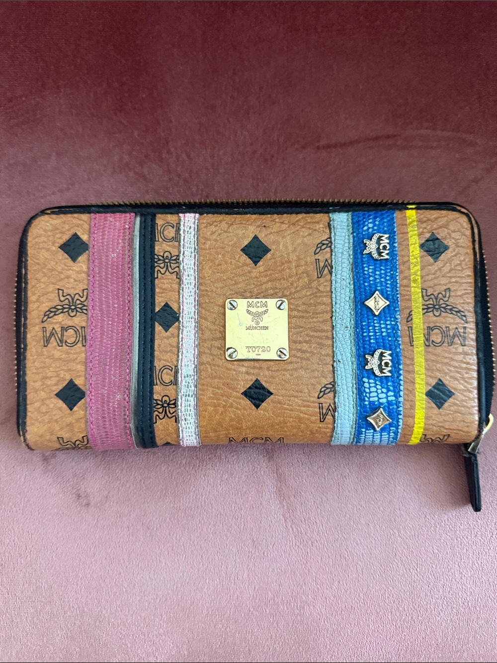 MCM Tan Visetos Zip Wallet with Pink, Blue and Yellow Stripes